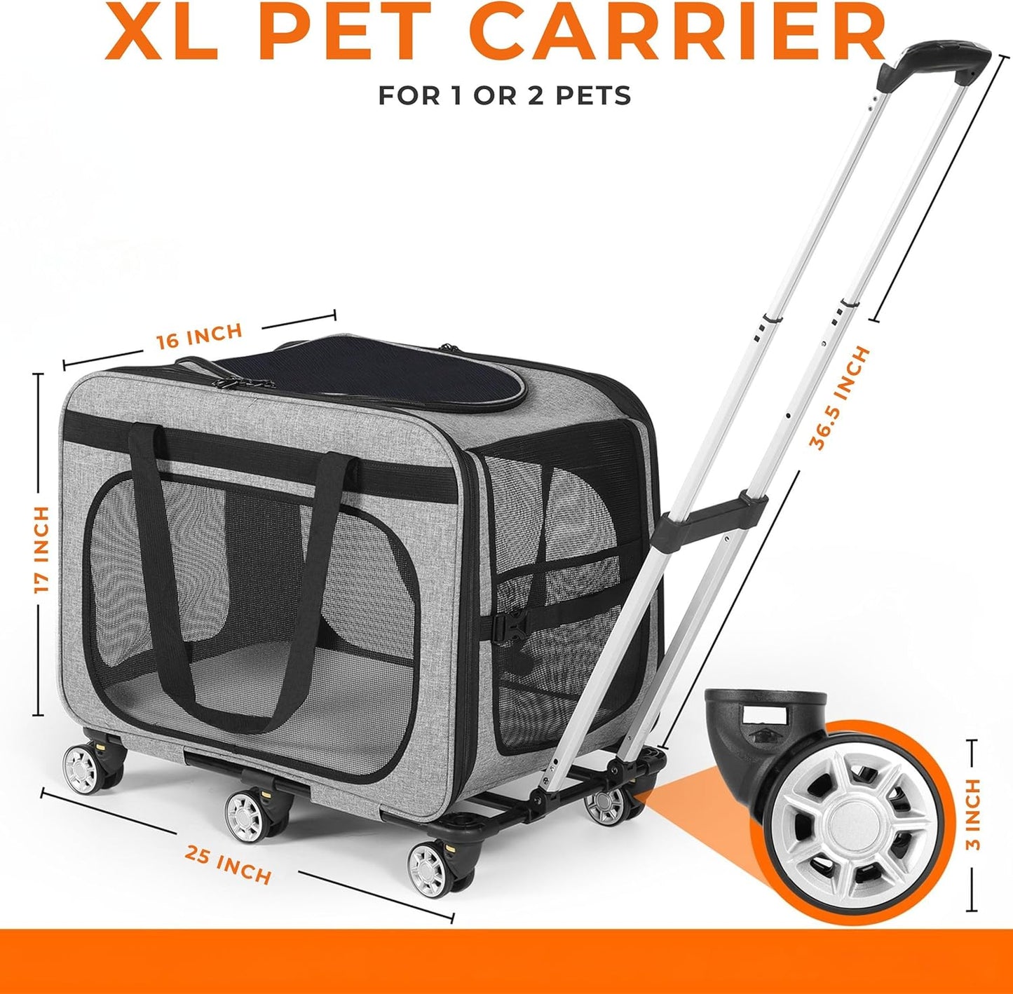 XL Cat & Small Dog Carrier | 25" L x 16" W x 17" H - up to 40 lbs - NOT TSA Compliant - Small Dogs or Large Cat Carrier with Wheels - Extending Handle, 360° Rotation Wheels & Extra Ventilation