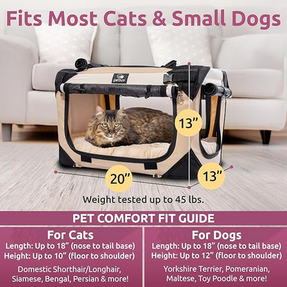 Soft-Sided Cat & Dog Pet Carrier, Medium 20"x13"x13" Fits Most Cats or Small Dog, Comfortable for Travel & Vet Visits, Privacy Windows, Removable Plush Bed, Top/Side Entry, Locking Zippers, Folds Flat