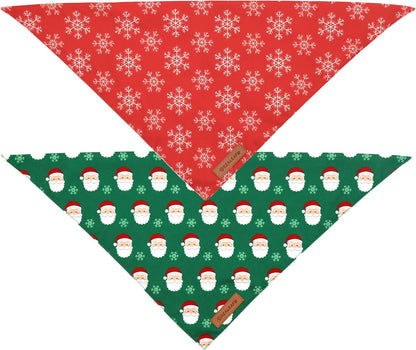 Realeaf Christmas Dog Bandanas 2 Pack, Snowflake and Santa Claus Dog Scarf for Boy and Girl, Premium Durable Fabric, Holiday Red and Green Bandana for Medium and Large Dogs Cats Pets (Large)