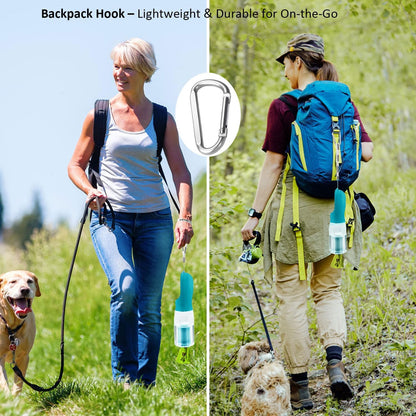 20oz Dog Water Bottle with Food Container & Poop Bag Dispenser | Leak-Proof Portable Pet Water Dispenser with Carabiner Clip | for Walking, Hiking, Travel (Cyan, 20oz)