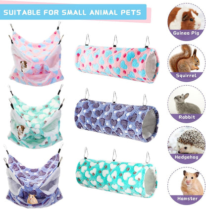 Sweetude 6 Pcs Rat Hammock Set Ferret Hanging Tunnel 3 Tier Guinea Pig Hammocks Hideout Soft Chinchilla Bed for Cage Accessories Hide,Play and Sleep(Lovely,Heart)