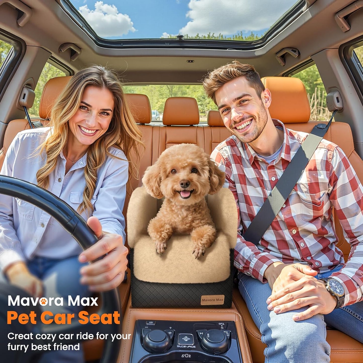 Portable Small Dog Seat for Car, Luxury Center Console Dog Car Seat Booster with Safety Tethers, Auti-Collapse Pet Travel Carseat for SUV, Truck (Black/Brown)