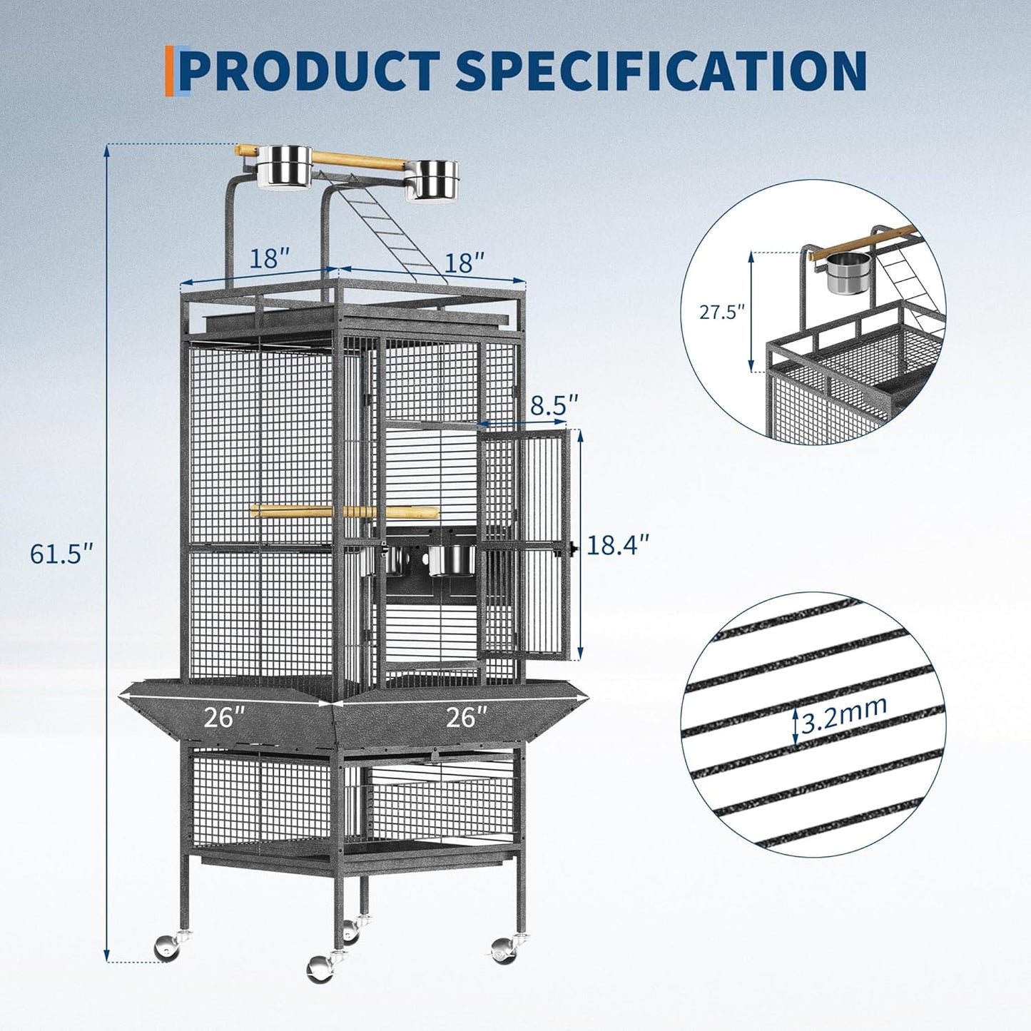 61 Inch Large Bird Cage Rolling Wrought Iron Parrot Cage with Play Top & Bowls for Mid-Sized Parrots Cockatiels Conures Parakeets Lovebirds Budgie Finch Dark Grey
