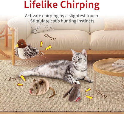 PETGEEK Gigwi Simulated Chirping Bird Cat Toy, Fake Interactive Cat Toys for Indoor Cats, Feather Toy with Hanging Loop for Bored Indoor Adult Kittens Interactive Play (Bird Mouse Cricket)