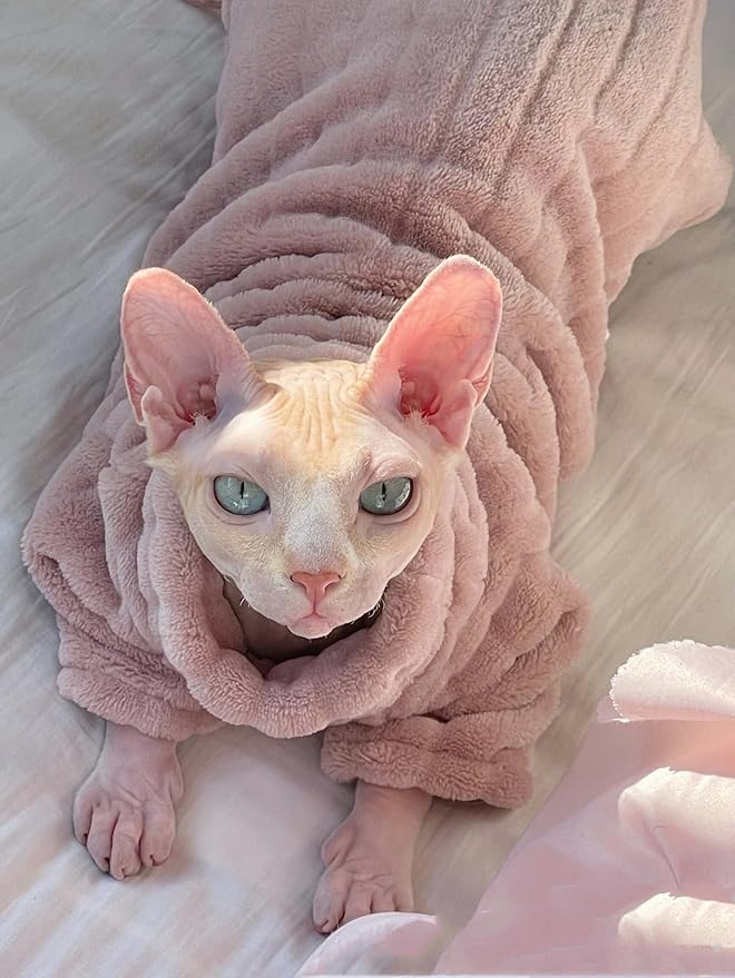 Turtleneck Sweater for Sphynx Cat Soft Coral Fleece Cat Clothes Thick Winter Warm Outfit Coat for Hairless Cats and Small Dogs Apparel with Sleeves (Pink, S (3-5 lbs))