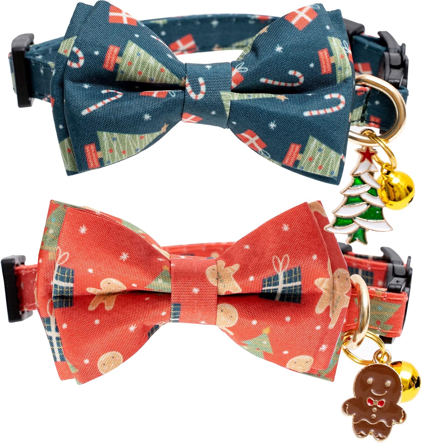 2 Pack Cotton Christmas Cats Collar with Bow Tie Red Green Cat Collars for Girl Female Boy Male Cat Collar with Bell Gingerbread Man Christmas Trees Charms