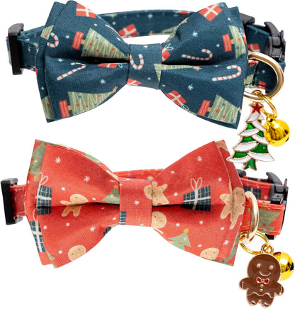 2 Pack Cotton Christmas Cats Collar with Bow Tie Red Green Cat Collars for Girl Female Boy Male Cat Collar with Bell Gingerbread Man Christmas Trees Charms