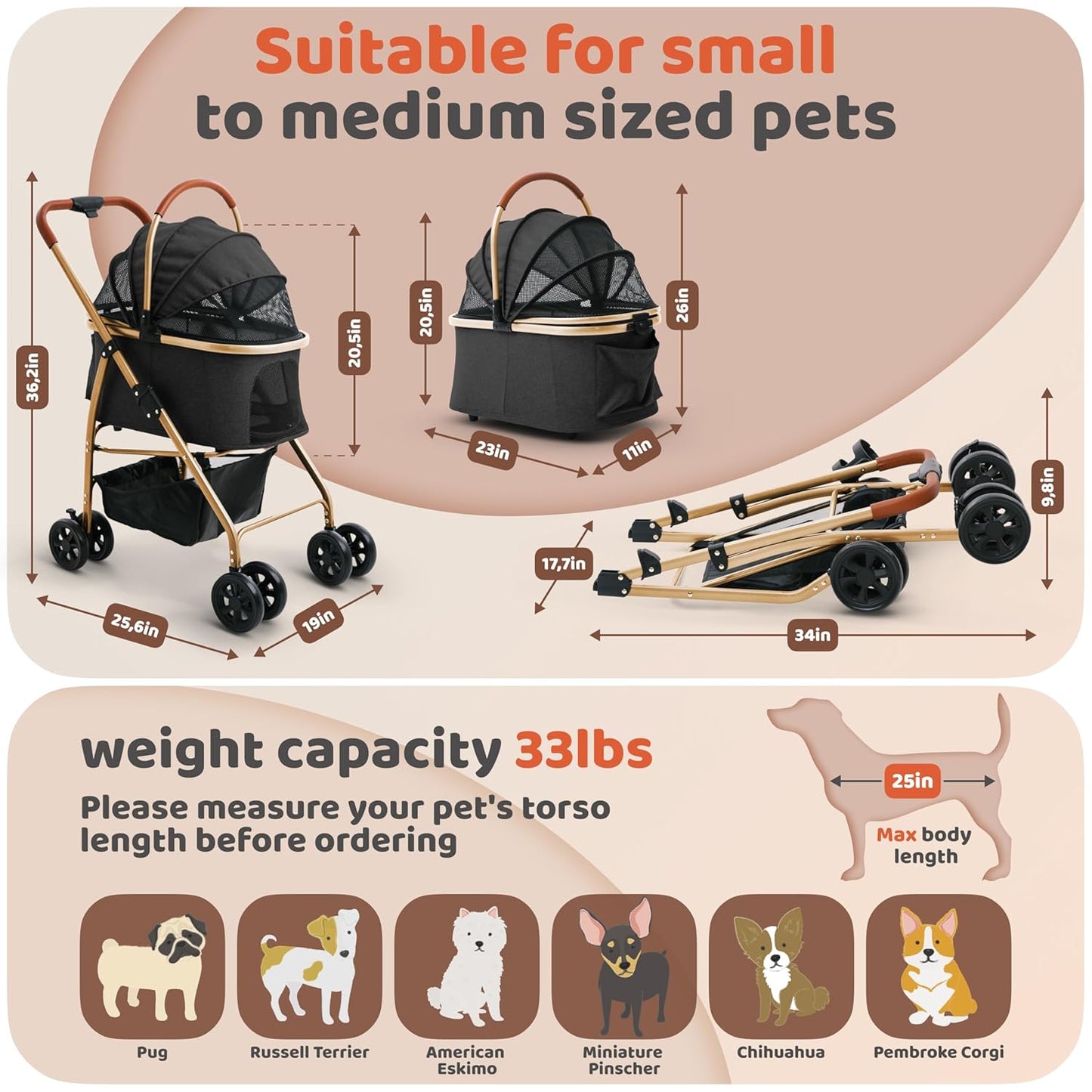 Pet Stroller for Small Medium Dogs & Cats – 2-in-1 Detachable Carrier, Zipperless Entry, Lightweight Folding Travel Stroller with Storage Basket, Cup Holder, Black