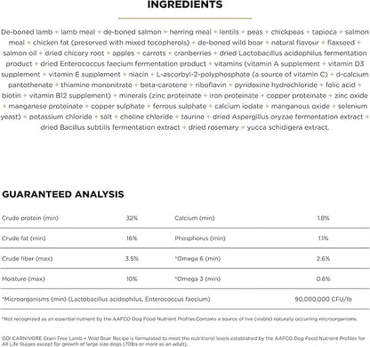 Go! Solutions Carnivore, Grain-Free, Protein Rich Dry Dog Food, Lamb and Wild Boar Recipe, 3.5 lb Bag