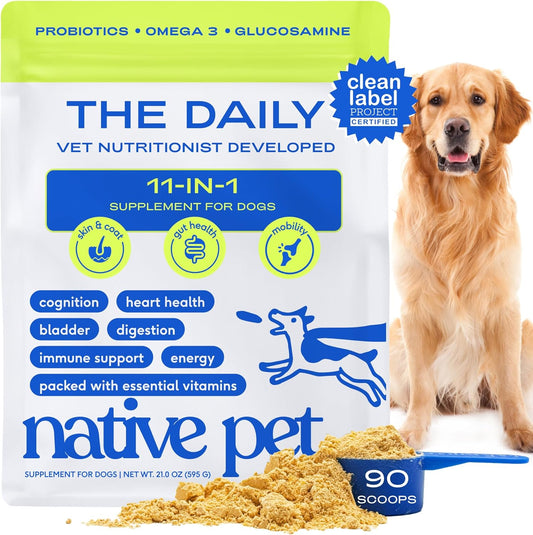 Native Pet Dog Vitamins & Supplements - 11-in-1 Vitamin Powder for Dog Food Topper - Collagen, Glucosamine, Probiotics, Omega & More- Supports Healthy Gut, Mobility & Overall Health - 90 Scoops