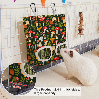 Glittme 2 Pack Guinea Pig Hay Feeder, 11.5x9 Inch Hay Bag for Rabbits, Hanging Hay Holder for Guinea Pigs Cage Hay Feeder for Bunny, Small Pets,Green Mushroom