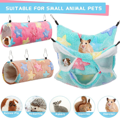 Abbylike 9 Pieces Rat Hammock 3 Tier Guinea Pig Ferret Hammocks Small Pet Hanging Tunnel Glider Toy Guinea Pig Ferret Hideout Bed Cage Accessories for Hamster (Green, Pink, Brown,Stars)