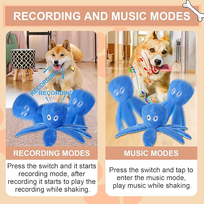BABORUI Interactive Dog Toys Octopus, Jumping Squeaky Dog Toys with Recording and Music Modes, Rechargeable Moving Dog Chew Toys for Small/Medium/Large Dogs to Keep Them Busy