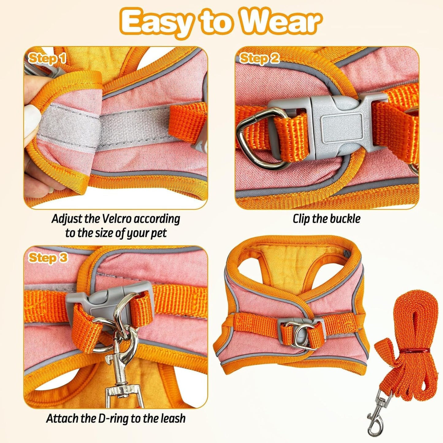 PINVNBY 2 Pack Bunny Hsrness and Leash Set Adjustable Rabbit Harness with Reflective Strips Double Buckle Pet Vest Eescape Proof for Small Rabbit Kitten Puppy Walks Accessories (Orange Pink, S)