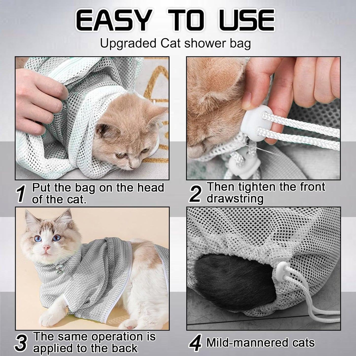 FANOVO Cat Mesh Bathing Bag, Adjustable Cat Bath Bag with Nail Clipper, Bath Brush, Nail File & Comb, Anti-Scratch Shower Bag for Pet Grooming, Bathing & Restraint, Durable Washing Bag for Cats