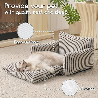 Hollypet Cat Bed Fluffy Plush Mutifuctional Double-Layer Soft Pet Couch Orthopedic Sofa Nest Beds for Small Cats and Dogs, Dark Gray Stripes (25x20x13 inch)