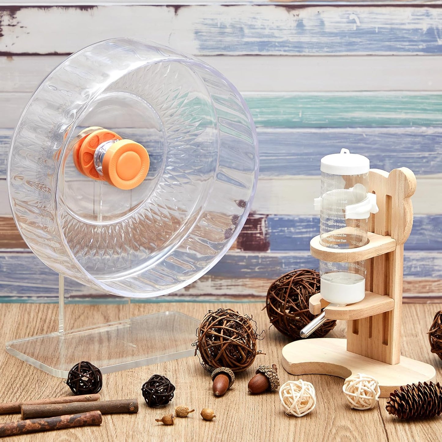 2 Pcs 9 Inch Transparent Adjustable Silent Hamster Exercise Wheels and Hamster Water Bottle Set Guinea Pig Running Wheels with Stand Water Dispenser Stand Holder for Guinea Small Animal