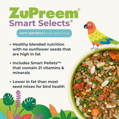 ZuPreem Smart Selects Bird Food, Daily Nutrition for Amazons, Cockatoos, and Macaws, Bird Feed Pellets and Seed Blend, Cockatoo Food, Macaw Diet, Made in USA, (Large, 4 lb bag)