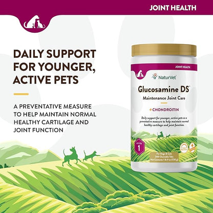 NaturVet – Glucosamine DS - Level 1 Maintenance Care | Preventative Care to Maintain Healthy Cartilage & Joint Function | Enhanced with Glucosamine & Chondroitin | for Dogs & Cats (240 Tablets)