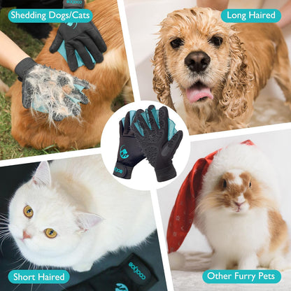 COOLJOB Patented Pet Grooming Gloves with Web, Reusable Washable Cleaning Brush Massage Hair Remover for Short Long Haired Dog Cat Horse Animal, Washing Bathing Shedding Supplies, Small, Blue Black
