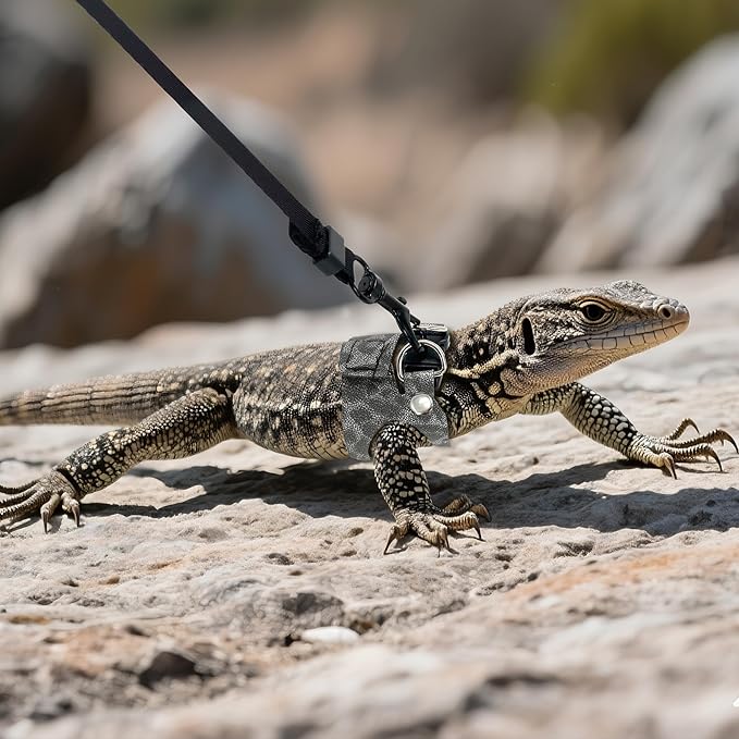 AIITLE 3 Pack Adjustable Bearded Dragon Harness and Leash Set - Leopard Print, Comfort Soft Leather Vest for Lizards, Iguanas, Guinea Pigs, Outdoor Walking & Camping, Grey