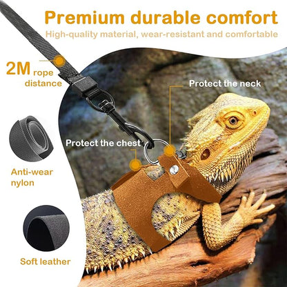 Bearded Dragon Leash and Harness Set - 3-Size Adjustable Soft Leather Vest for Training & Walking, Easy-On-and-Off Design (Brown) (Brown, 2M)