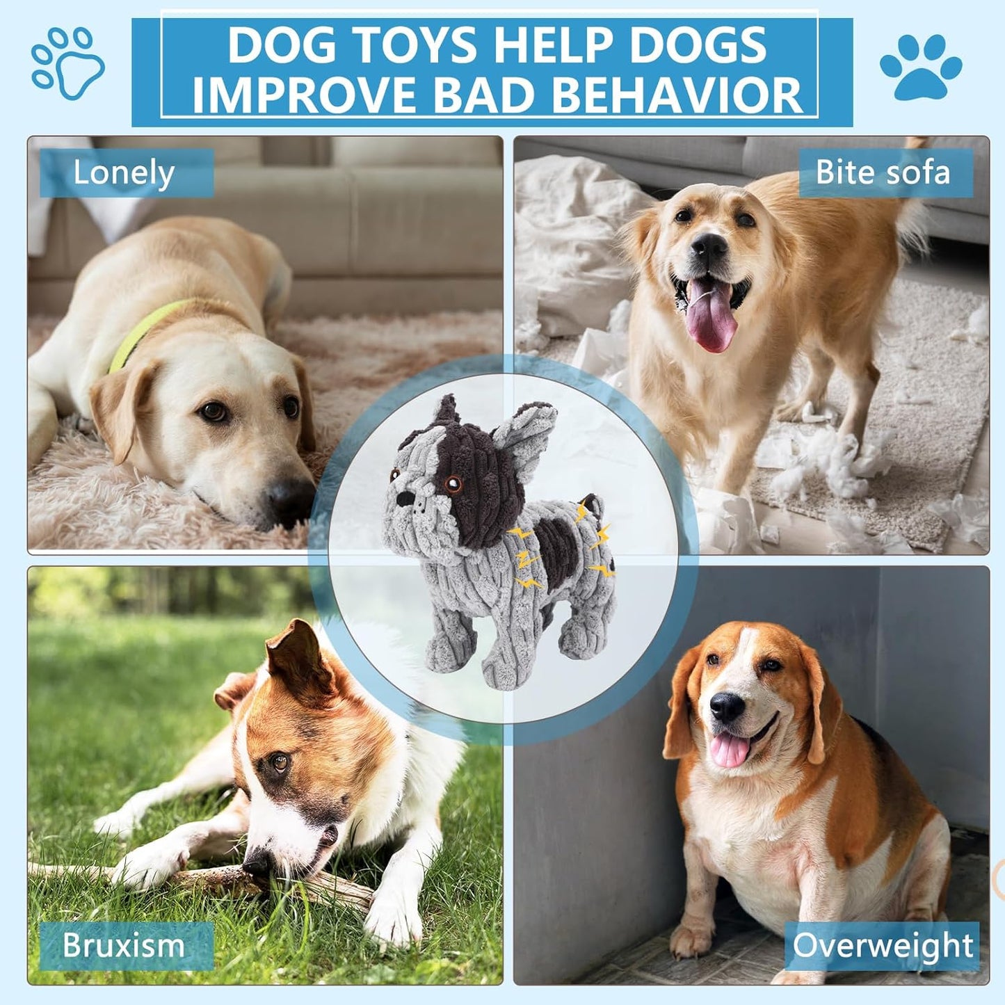 Dog Toys Plush Interactive Dog Toy with Crinkle Paper and Squeaker, Reduce Boredom and Anxiety, Cute Dog for Small Medium Large Dogs, Grey