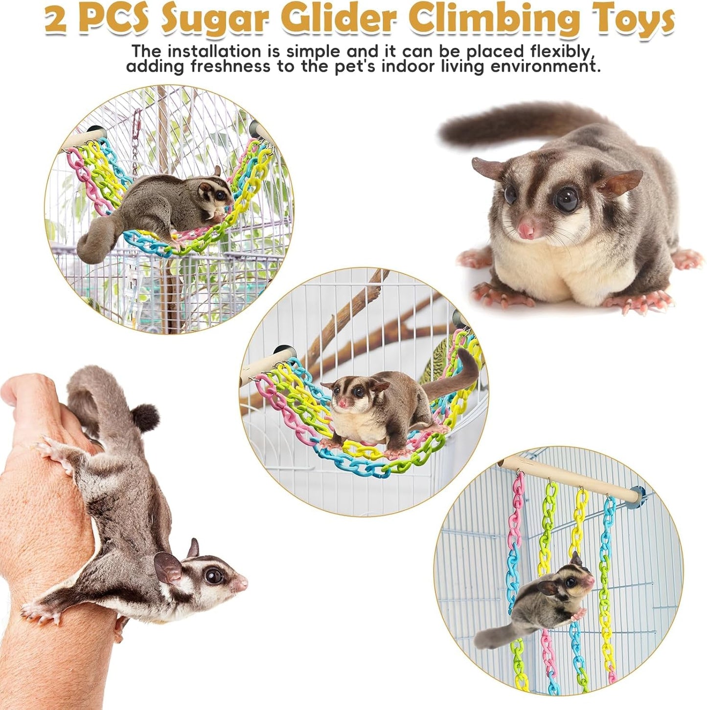 PINVNBY 2 Pack Sugar Glider Climbing Toys,Natural Wood Sugar Glider Cage Accessories with Colorful Plastic Chains, Hanging Rat Enrichment Toys Without Swaying for Hamsters and Parrots