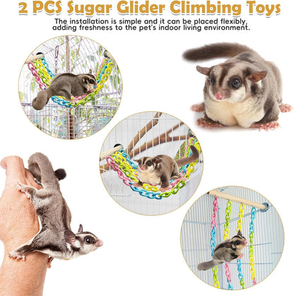 PINVNBY 2 Pack Sugar Glider Climbing Toys,Natural Wood Sugar Glider Cage Accessories with Colorful Plastic Chains, Hanging Rat Enrichment Toys Without Swaying for Hamsters and Parrots