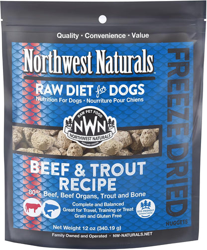 Northwest Naturals Freeze-Dried Beef & Trout Dog Food - Bite-Sized Nuggets - Grain-Free, High-Protein, Raw Diet, Human-Grade Ingredients, All Natural, Omega-3 for Skin & Coat, Made in USA, 12 Oz