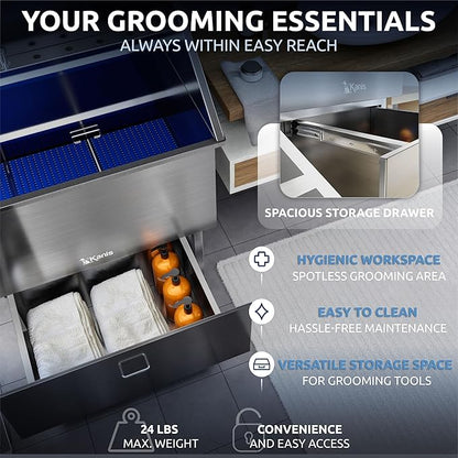 KANIS Professional Dog Washing Station - 304 Stainless Steel Pet Wash Sink & Grooming Bathtub w/Shower, Floor Grates and Storage for Large, Medium & Small Pets (61", 1 Drawer - Left Ramp)