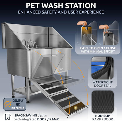KANIS Professional Dog Washing Station - 304 Stainless Steel Pet Wash Sink & Grooming Bathtub w/Shower, Floor Grates and Storage for Large, Medium & Small Pets (50", Shelf - Left Ramp)