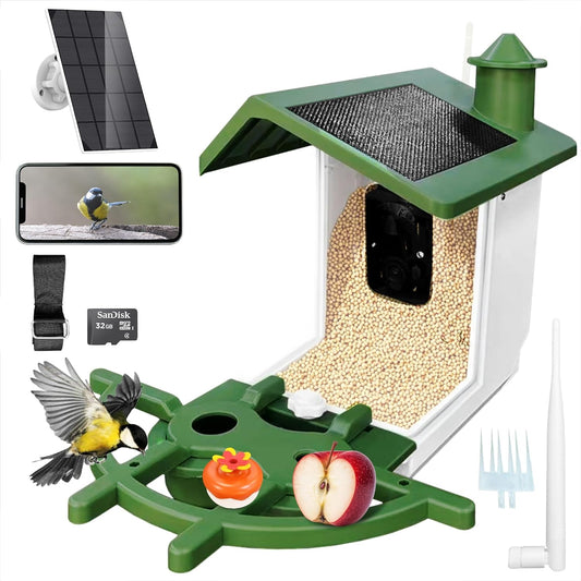 Smart Bird Feeder with Camera Solar Powered, 2K HD Bird Camera Feeder with AI Recognition 11000+ Birds, Night Vision Dual Solar Panels, 32GB SD Card, Outdoor Birdhouse Feeder Hummingbird Feeder
