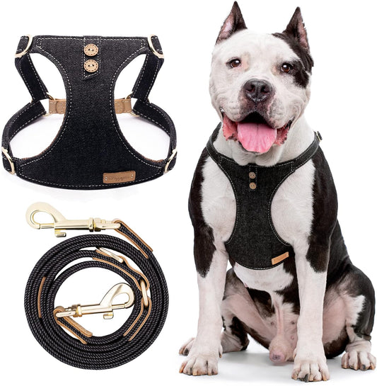 Dog Harness, No Pull Dogs Harness and Multi-Function Leash Set for Medium Dogs Easy Walk Everyday Adjustable Soft Dog Vest Harness Fashionable Dog Accessories Black-Button-L