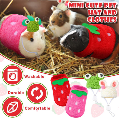 Mixweer 4 Pieces Guinea Pig Stuff Includes 2 Guinea Pig Clothes and 2 Cute Mini Hats with Adjustable Strap Small Animal Warm Vest Cozy Hand Knitted Hat for Hamster Bunny(Frog Style)