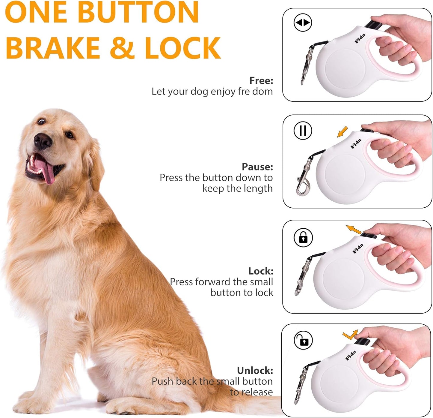 Fida Retractable Dog Leash with Dispenser and Poop Bags, 16 ft Pet Walking Leash for Large Dog up to 110 lbs, Anti-Slip Handle, Tangle Free, Reflective Nylon Tape (L, White)