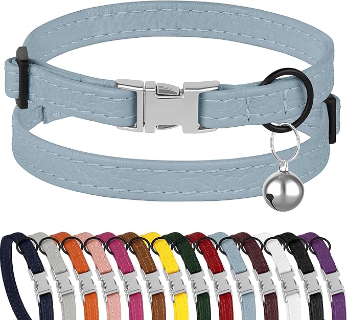 Leather Cat Collar with Buckle and Removable Bell - Non Breakaway Adjustable Soft Safety Small Pet Collars for Girl Boy Cats Kitten (Cornflower)