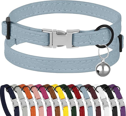 Leather Cat Collar with Buckle and Removable Bell - Non Breakaway Adjustable Soft Safety Small Pet Collars for Girl Boy Cats Kitten (Cornflower)