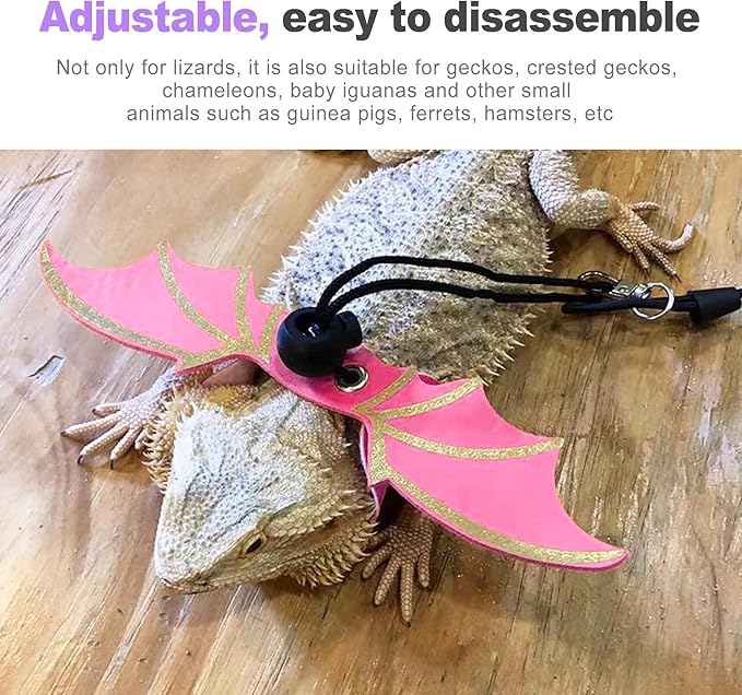 3 Sizes Adjustable Soft Leather & Nylon Bearded Dragon Harness and Leash Set Reptile Lizard Leashes for Outdoor Walking-Pink