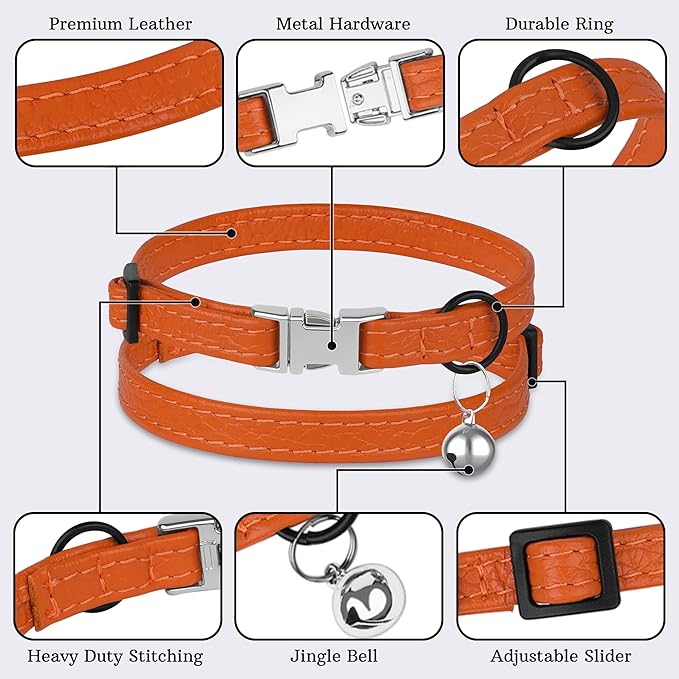 Leather Cat Collar with Buckle and Removable Bell - Non Breakaway Adjustable Soft Safety Small Pet Collars for Girl Boy Cats Kitten (Orange)