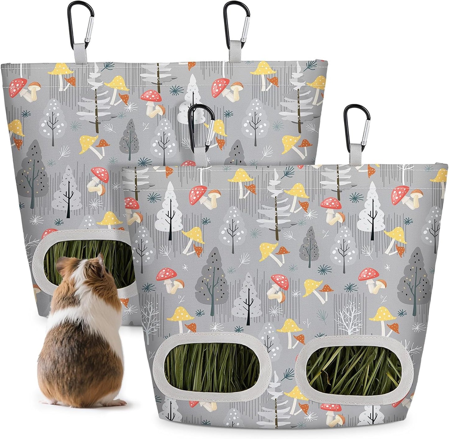 Glittme 2 Pack Guinea Pig Hay Feeder, 11.5x9 Inch Hay Bag for Rabbits, Hanging Hay Holder for Guinea Pigs Cage Hay Feeder for Bunny, Small Pets,Grey Mushroom
