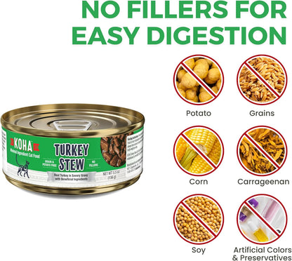 KOHA Minimal Ingredient Turkey Stew for Cats, High Protein Limited Ingredient Wet Cat Food, 5.5oz Cans (Case of 24)
