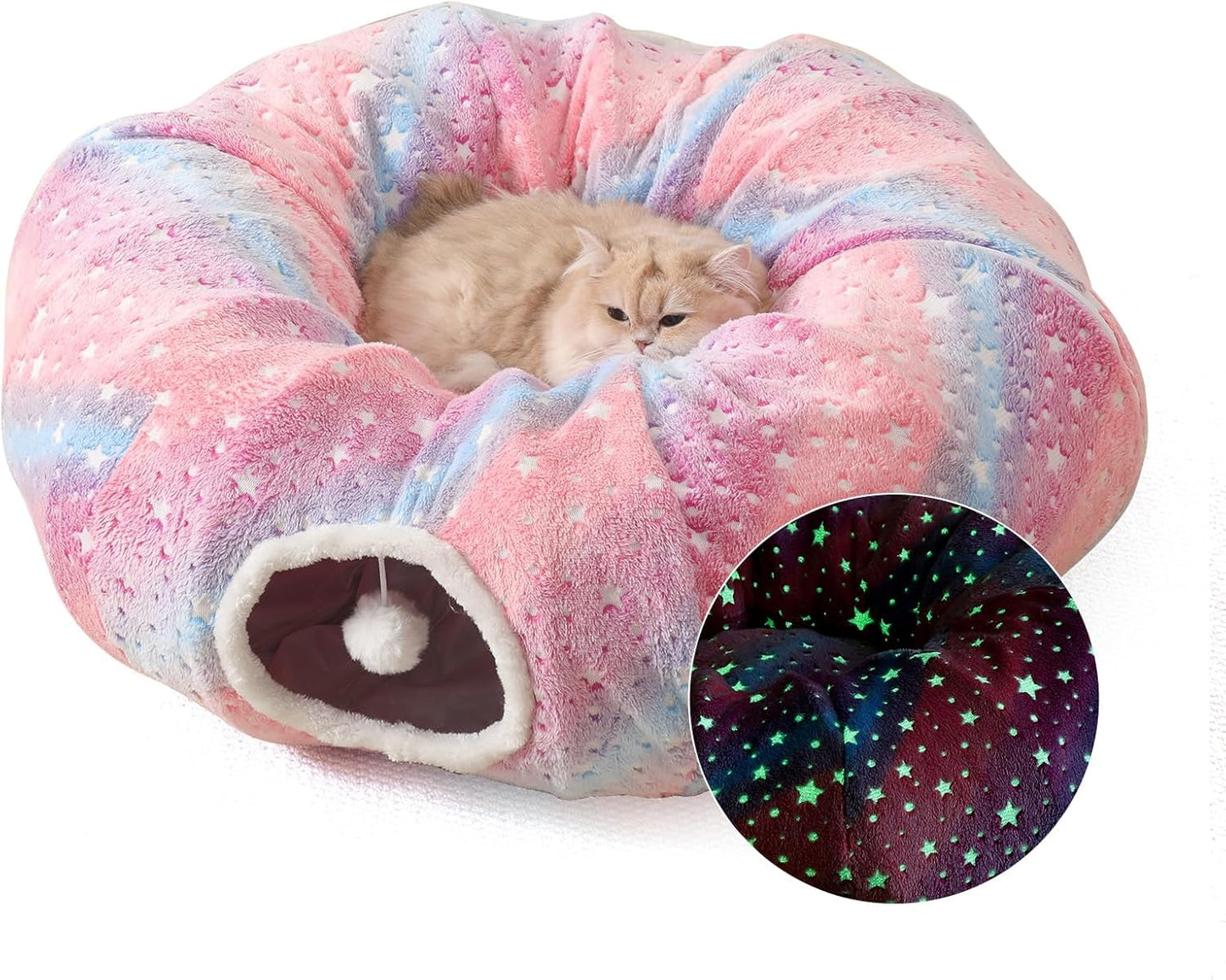 Large Cat Tunnels Bed Tube for Indoor Cats Glows in The Dark Cat Tunnel with Cushion and Plush Ball Toy Longer Playground Toys for Dog Puppy Kitten Rabbit Bunnies Ferret Pet Rainbow