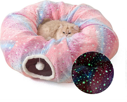 Large Cat Tunnels Bed Tube for Indoor Cats Glows in The Dark Cat Tunnel with Cushion and Plush Ball Toy Longer Playground Toys for Dog Puppy Kitten Rabbit Bunnies Ferret Pet Rainbow