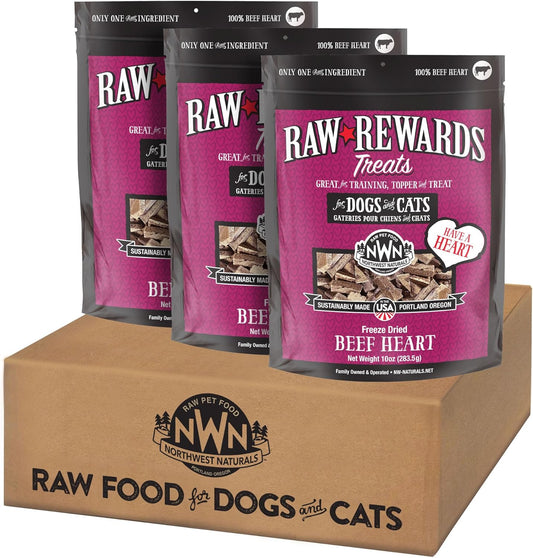 Northwest Naturals Raw Rewards Freeze-Dried Beef Heart Treats for Dogs and Cats - Bite-Sized Pieces - Healthy, 1 Ingredient, Human Grade Ingredient, All Natural, Proudly Made in USA, 10 Oz (Pack of 3)