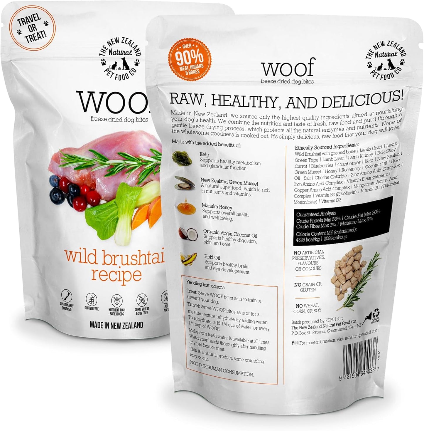 The New Zealand Natural Pet Food Co. Woof Freeze Dried Dog Food - Wild Brushtail, High Protein, Complete Diet, Dog Treats, All Life Stages - 1.76 oz
