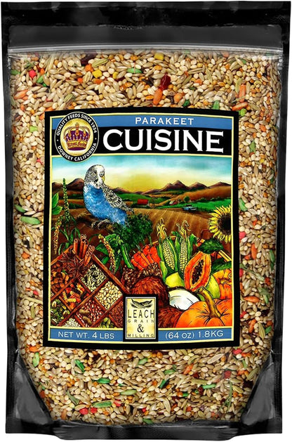 LEACH GRAIN & MILLING CO. Parakeet Cuisine Bird Food, 4 lb Bag Premium Parakeet Seed Mix with Grains, Millet, and Nutrients, Healthy Daily Diet for Parakeets, Budgies, Small Parrots & Pet Birds