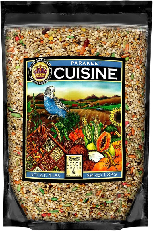 LEACH GRAIN & MILLING CO. Parakeet Cuisine Bird Food, 4 lb Bag Premium Parakeet Seed Mix with Grains, Millet, and Nutrients, Healthy Daily Diet for Parakeets, Budgies, Small Parrots & Pet Birds