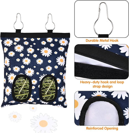 Upgraded Rabbits Hay Feeder Bag for Bunny, Guinea Pigs, Chinchillas - Hanging Washable 2-Hole Hay Dispenser with 600D Oxford Fabric, Small Animal Cage Accessories (Blue Daisy)