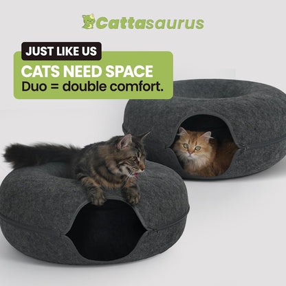 Cattasaurus Peekaboo Cat Cave, Extra Spacious for Multiple & Large Cats 12+ lbs, Scratch Detachable Beds for Indoor Cats, Washable Tunnel Bed, Comfy Cat Donut Tunnel (Dark Gray+Dark Gray, Jumbo)